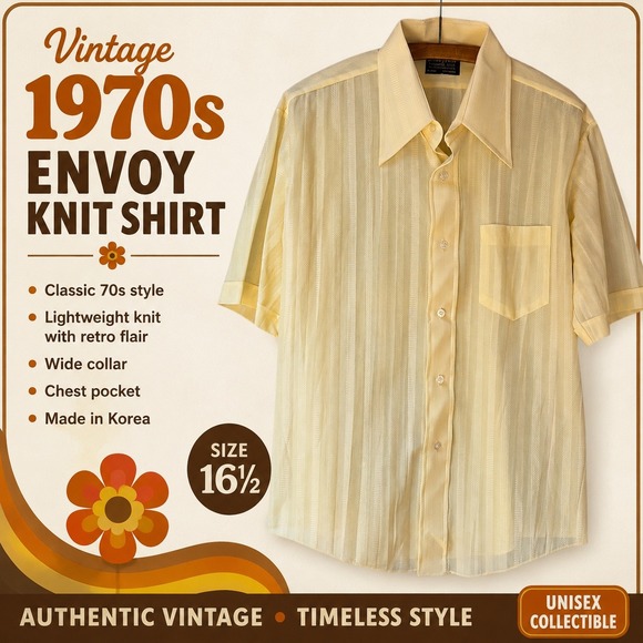 Envoy Knit Other - Vintage‎ 70s Envoy Knit Shirt Mens Large Yellow Wide Collar Short Sleeve Retro